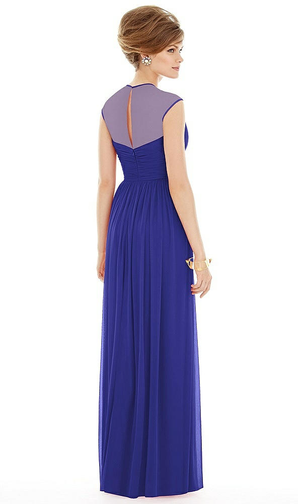 Back View - Electric Blue Chiffon Knit Cap Sleeve VNeck Maxi Dress