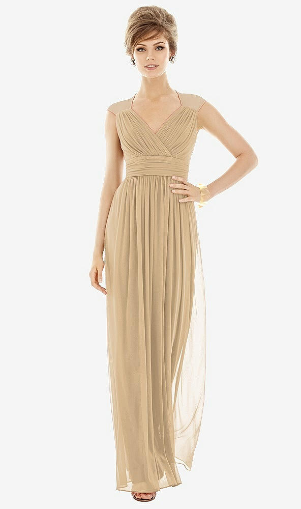 Front View - Golden Chiffon Knit Cap Sleeve VNeck Maxi Dress