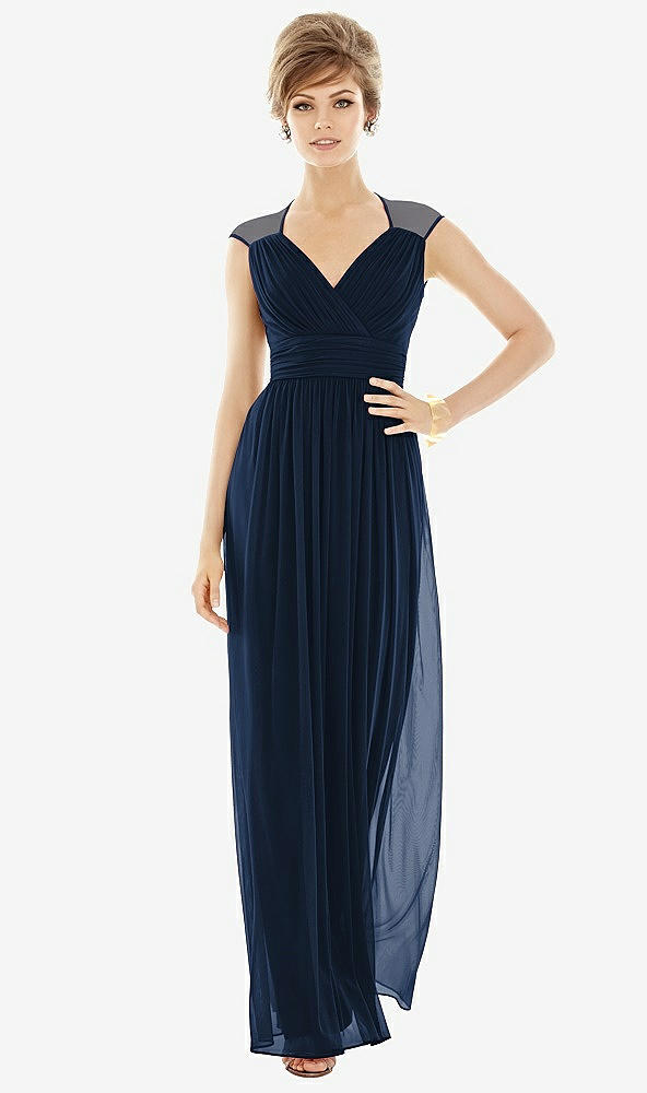 Front View - Midnight Navy Chiffon Knit Cap Sleeve VNeck Maxi Dress