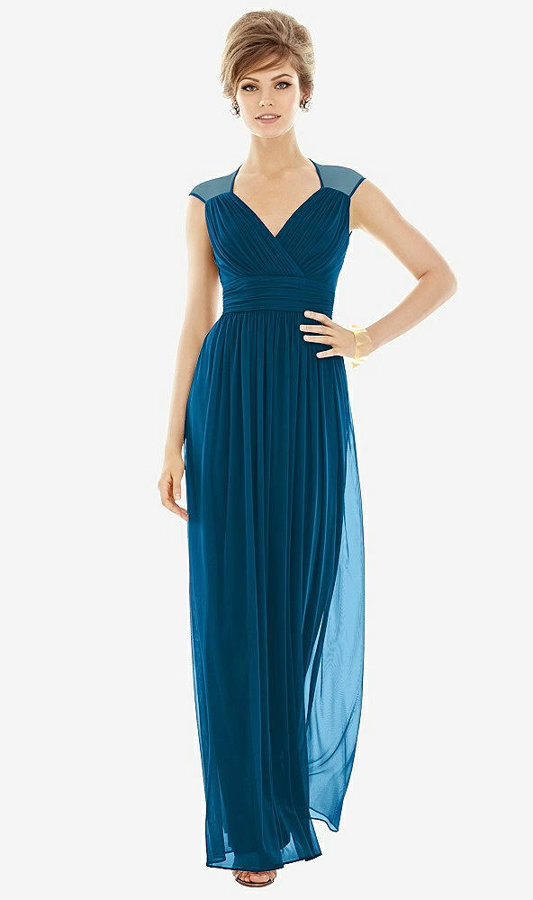 Front View - Ocean Blue Chiffon Knit Cap Sleeve VNeck Maxi Dress