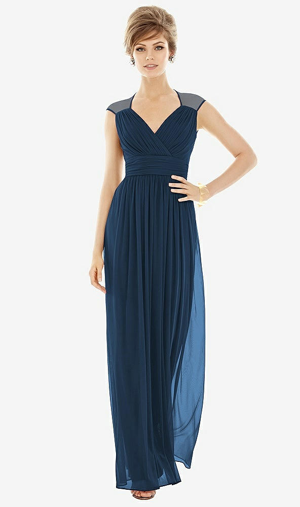 Front View - Sofia Blue Chiffon Knit Cap Sleeve VNeck Maxi Dress
