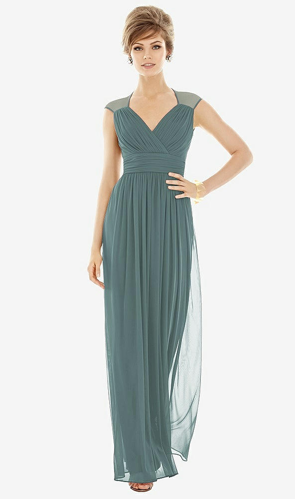 Front View - Smoke Blue Chiffon Knit Cap Sleeve VNeck Maxi Dress
