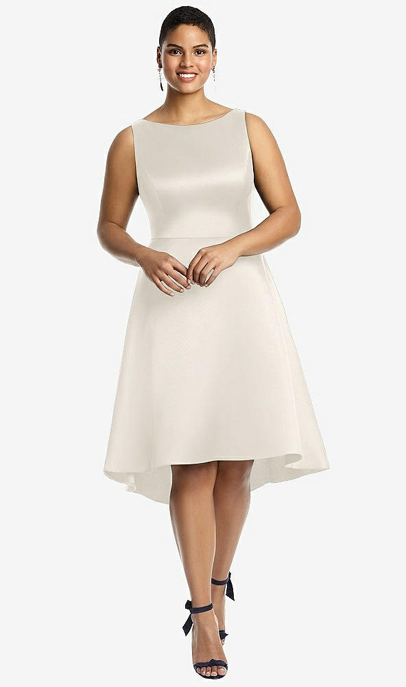 Front View - Ivory Bateau Neck Satin High Low Cocktail Dress