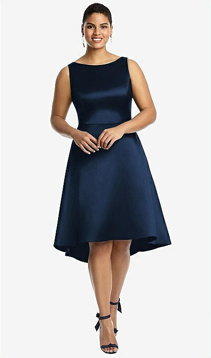 Alfred Sung Bateau Neck Satin High Low Cocktail Dress - Blue Bateau Neck Satin High Low Cocktail Bridesmaid Dress In Midnight Navy | The  Dessy Group