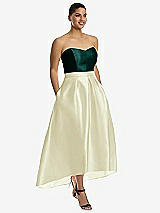 Front View Thumbnail - Butter Yellow & Evergreen Strapless Satin High Low Dress with Pockets