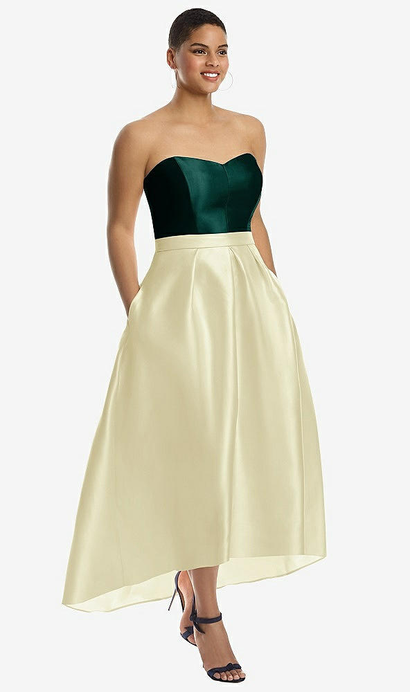 Front View - Butter Yellow & Evergreen Strapless Satin High Low Dress with Pockets