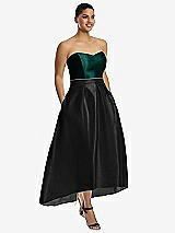 Front View Thumbnail - Black & Evergreen Strapless Satin High Low Dress with Pockets