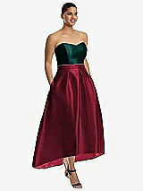 Front View Thumbnail - Burgundy & Evergreen Strapless Satin High Low Dress with Pockets