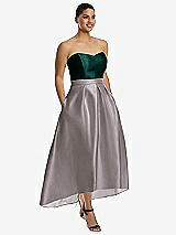 Front View Thumbnail - Cashmere Gray & Evergreen Strapless Satin High Low Dress with Pockets