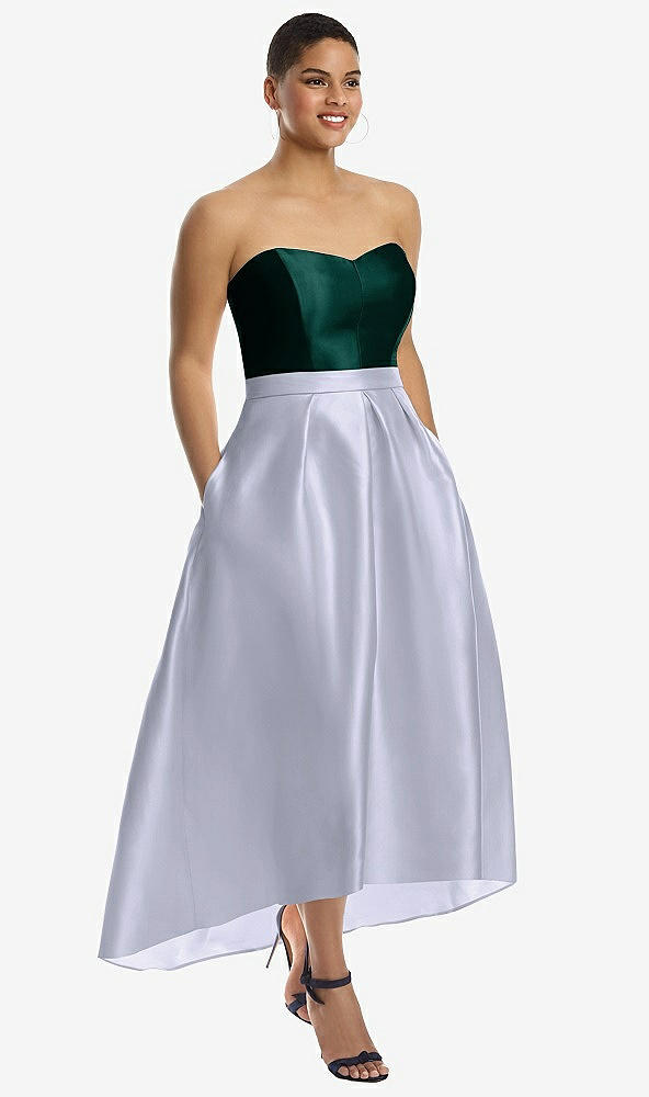 Front View - Silver Dove & Evergreen Strapless Satin High Low Dress with Pockets