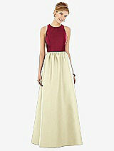 Front View Thumbnail - Butter Yellow & Burgundy Sleeveless Keyhole Back Satin Maxi Dress