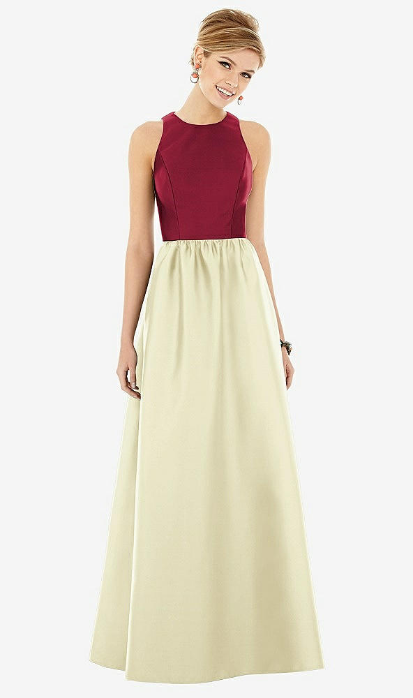 Front View - Butter Yellow & Burgundy Sleeveless Keyhole Back Satin Maxi Dress
