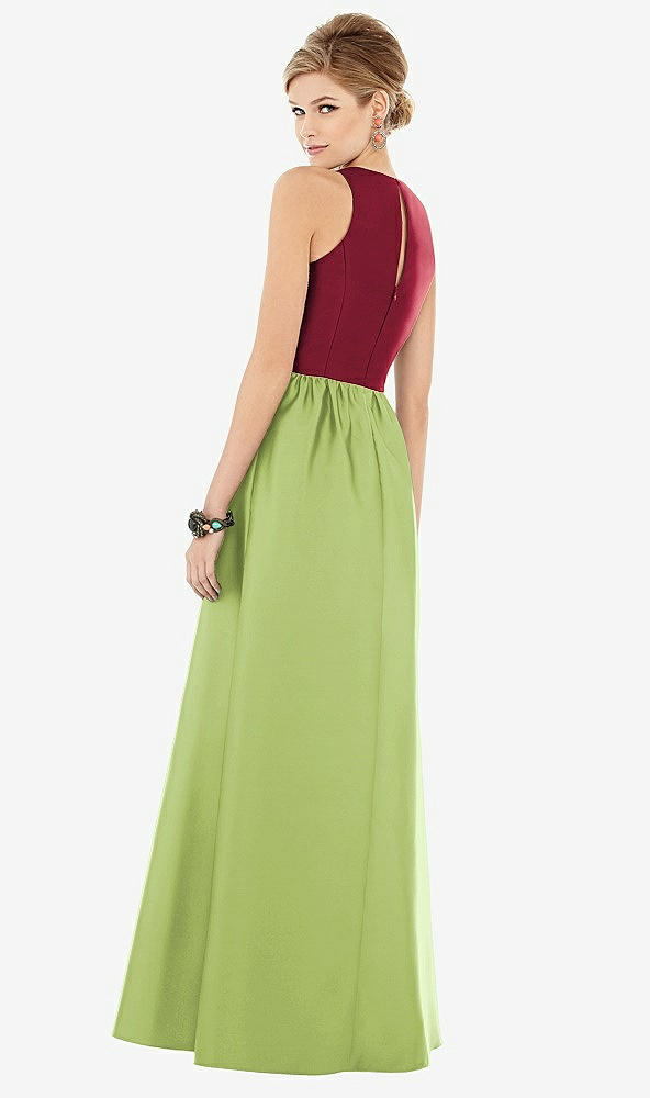 Back View - Mojito & Burgundy Sleeveless Keyhole Back Satin Maxi Dress