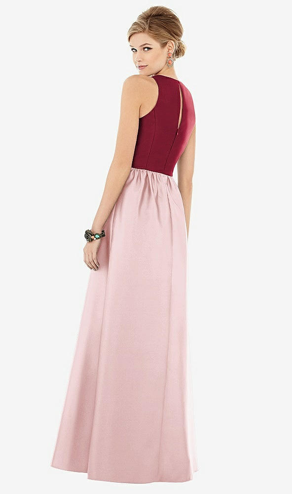 Back View - Ballet Pink & Burgundy Sleeveless Keyhole Back Satin Maxi Dress