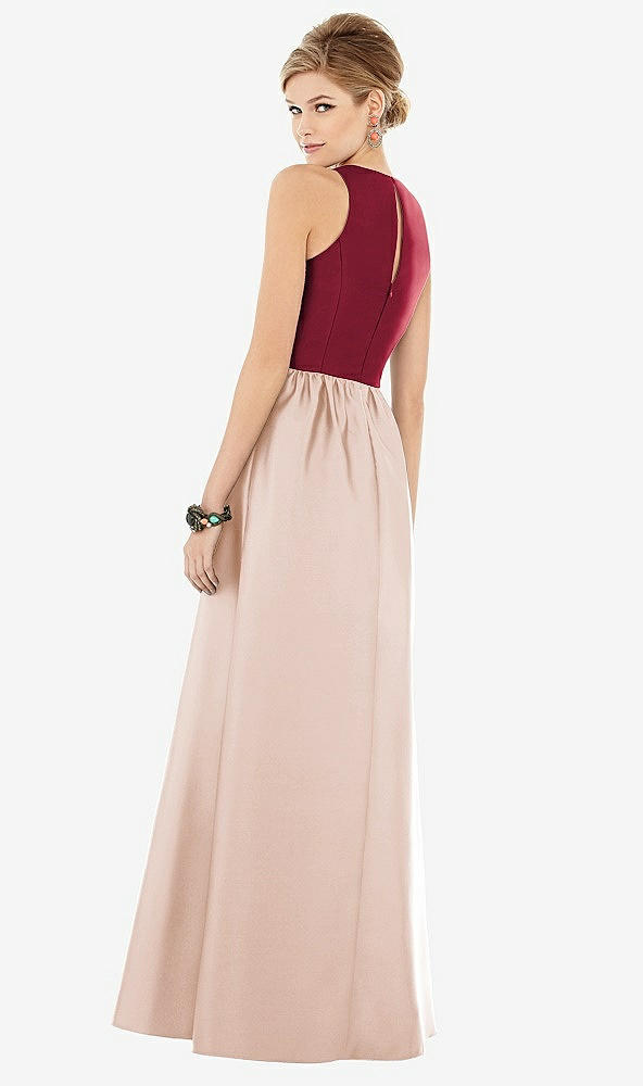 Back View - Cameo & Burgundy Sleeveless Keyhole Back Satin Maxi Dress