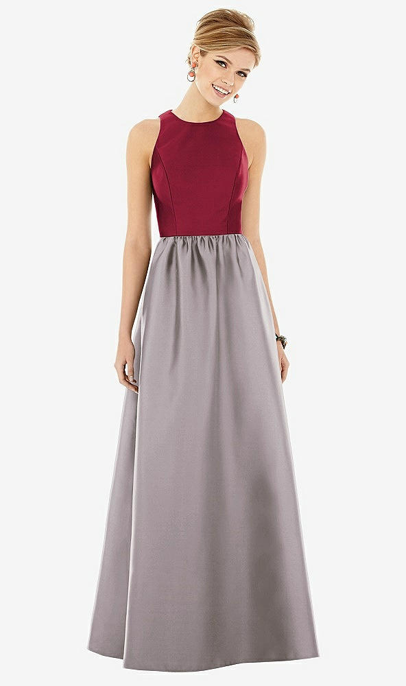 Front View - Cashmere Gray & Burgundy Sleeveless Keyhole Back Satin Maxi Dress