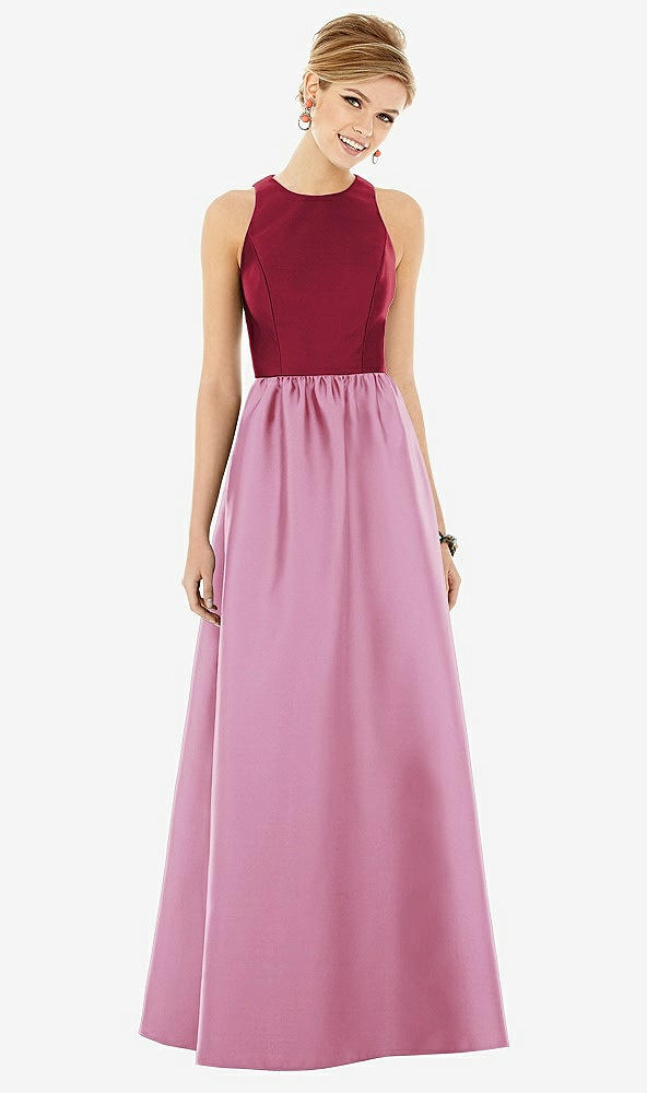 Front View - Powder Pink & Burgundy Sleeveless Keyhole Back Satin Maxi Dress