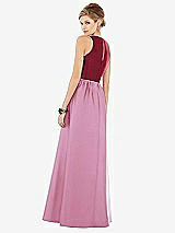 Rear View Thumbnail - Powder Pink & Burgundy Sleeveless Keyhole Back Satin Maxi Dress