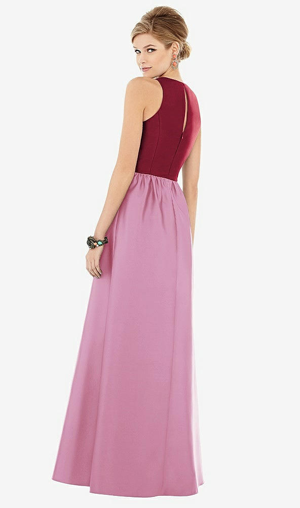 Back View - Powder Pink & Burgundy Sleeveless Keyhole Back Satin Maxi Dress