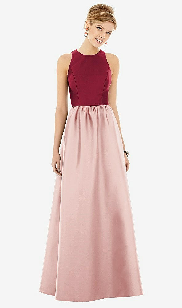 Front View - Rose & Burgundy Sleeveless Keyhole Back Satin Maxi Dress