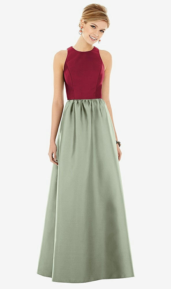 Front View - Sage & Burgundy Sleeveless Keyhole Back Satin Maxi Dress