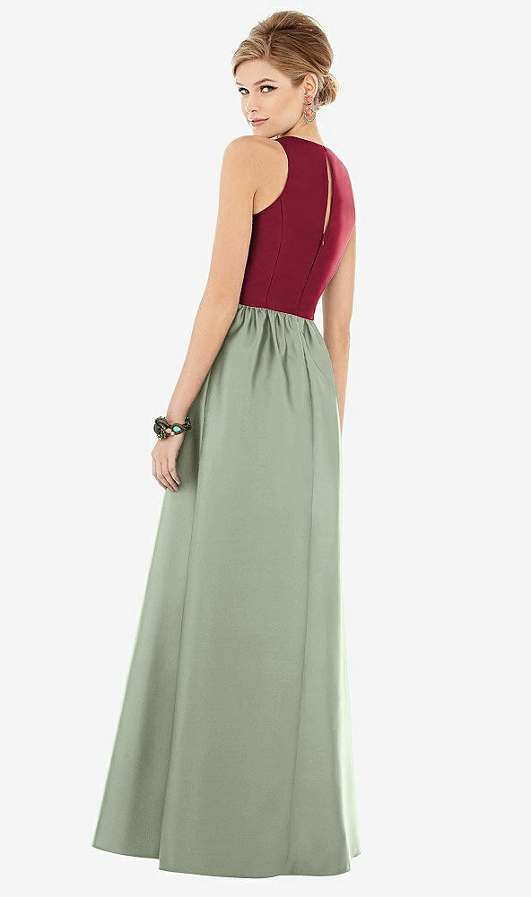 Back View - Sage & Burgundy Sleeveless Keyhole Back Satin Maxi Dress