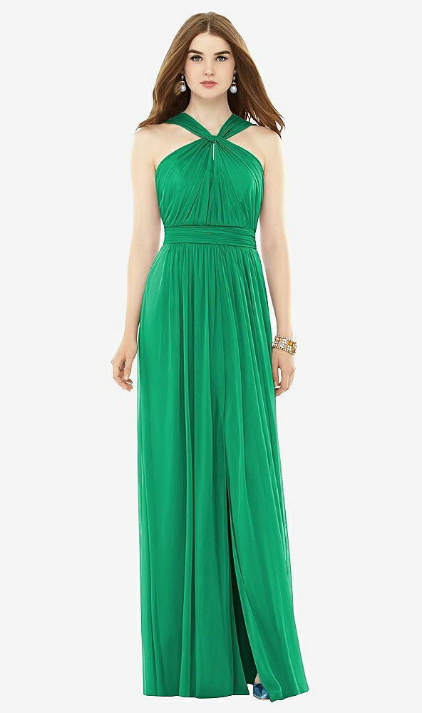 Front View - Pantone Emerald Maxi Chiffon Knit Halter Neck Dress
