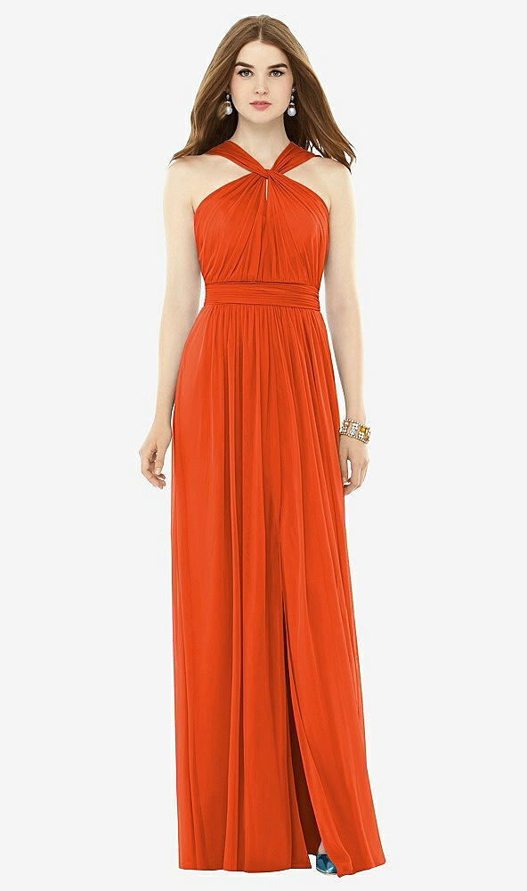 Front View - Tangerine Tango Maxi Chiffon Knit Halter Neck Dress