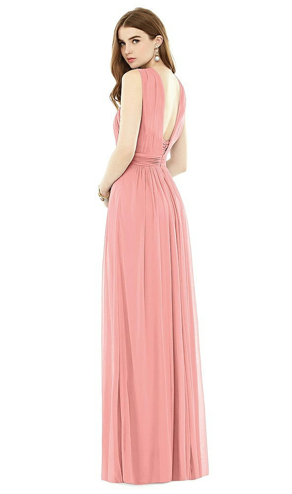 Back View - Apricot Maxi Chiffon Knit Halter Neck Dress