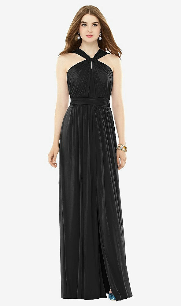 Front View - Black Maxi Chiffon Knit Halter Neck Dress