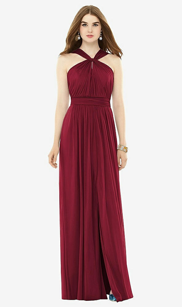Front View - Burgundy Maxi Chiffon Knit Halter Neck Dress
