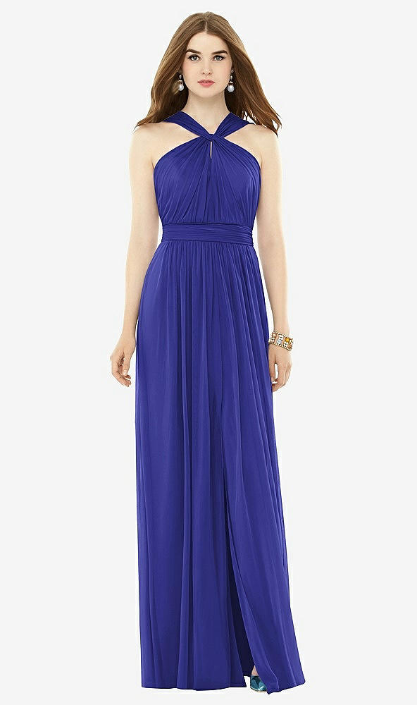 Front View - Electric Blue Maxi Chiffon Knit Halter Neck Dress