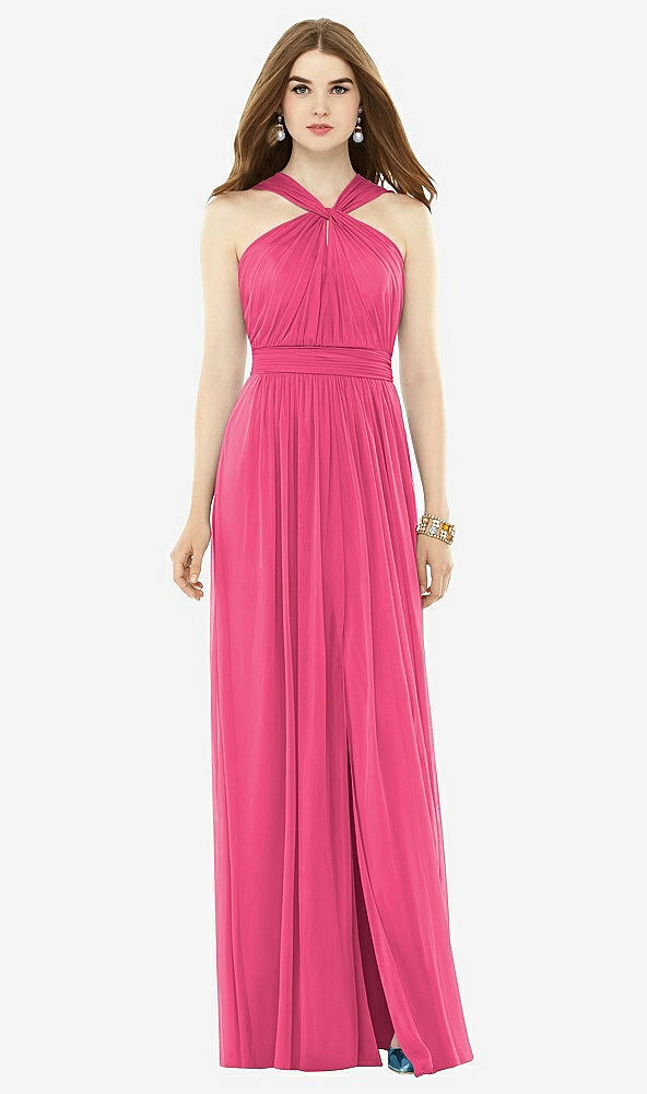 Front View - Forever Pink Maxi Chiffon Knit Halter Neck Dress