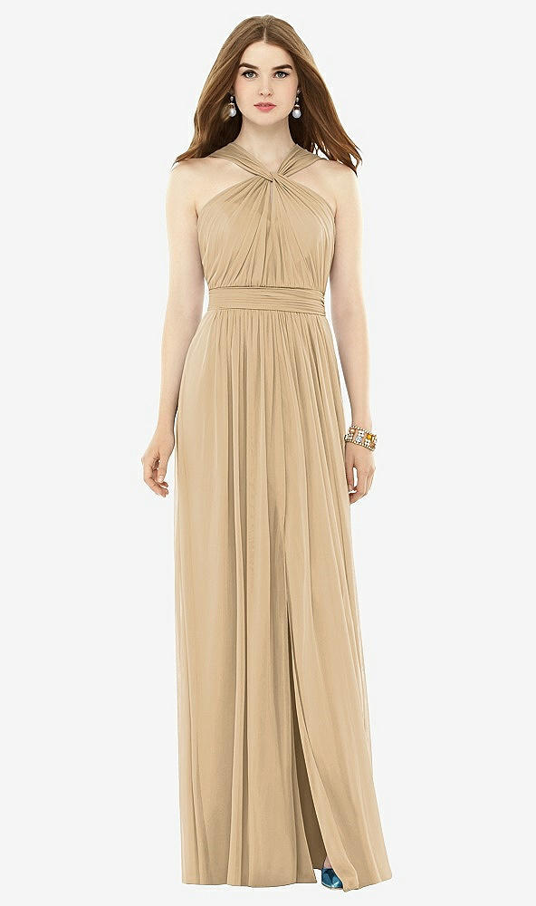 Front View - Golden Maxi Chiffon Knit Halter Neck Dress