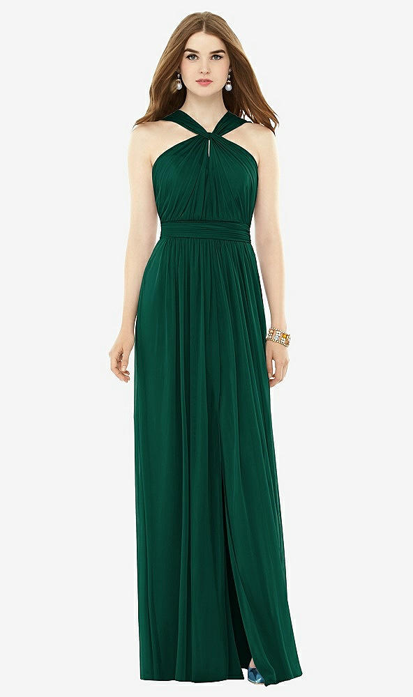Front View - Hunter Green Maxi Chiffon Knit Halter Neck Dress