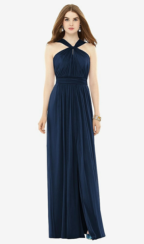 Front View - Midnight Navy Maxi Chiffon Knit Halter Neck Dress