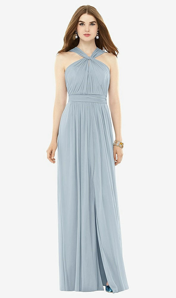 Front View - Mist Maxi Chiffon Knit Halter Neck Dress
