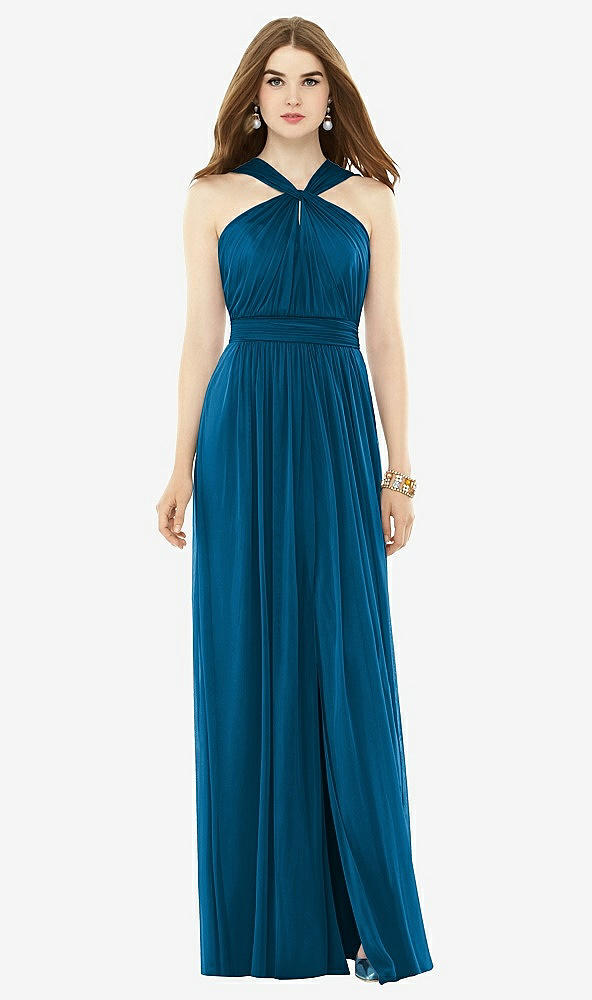 Front View - Ocean Blue Maxi Chiffon Knit Halter Neck Dress