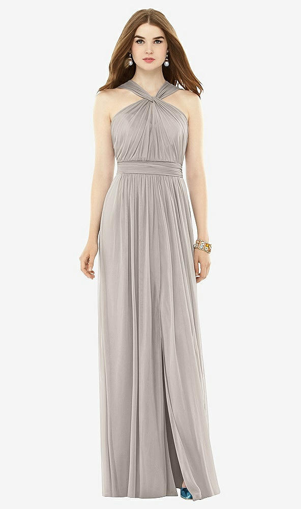 Front View - Taupe Maxi Chiffon Knit Halter Neck Dress