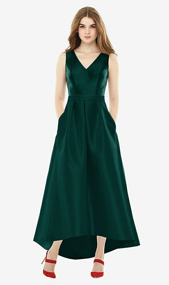 Front View - Evergreen & Evergreen Sleeveless Pleated Skirt High Low Dress with Pockets