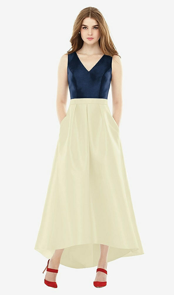 Front View - Butter Yellow & Midnight Navy Sleeveless Pleated Skirt High Low Dress with Pockets
