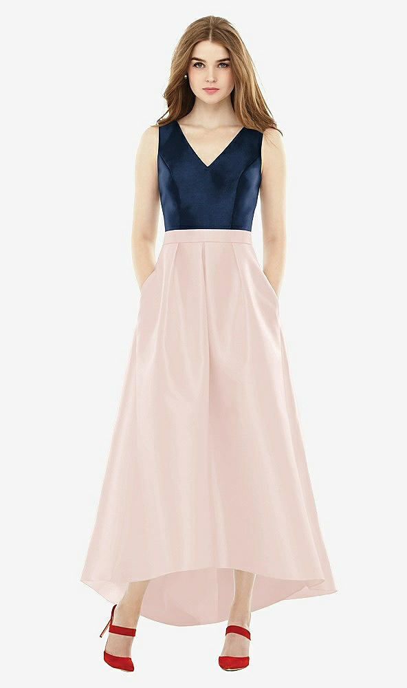 Front View - Blush & Midnight Navy Sleeveless Pleated Skirt High Low Dress with Pockets