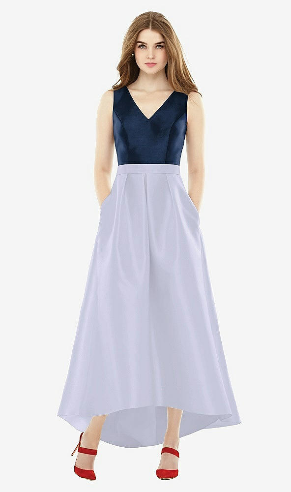 Front View - Silver Dove & Midnight Navy Sleeveless Pleated Skirt High Low Dress with Pockets