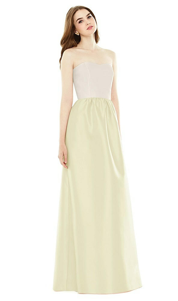 Front View - Butter Yellow & Ivory Full Length Strapless Satin Twill dress with Pockets
