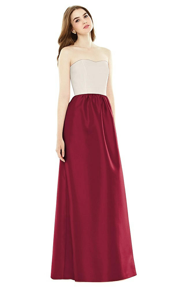 Front View - Burgundy & Ivory Full Length Strapless Satin Twill dress with Pockets