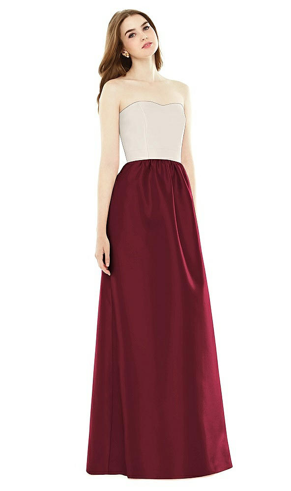 Front View - Cabernet & Ivory Full Length Strapless Satin Twill dress with Pockets