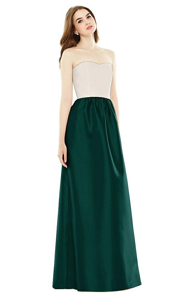 Front View - Evergreen & Ivory Full Length Strapless Satin Twill dress with Pockets
