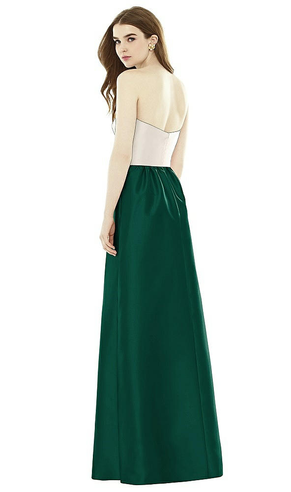 Back View - Hunter Green & Ivory Full Length Strapless Satin Twill dress with Pockets