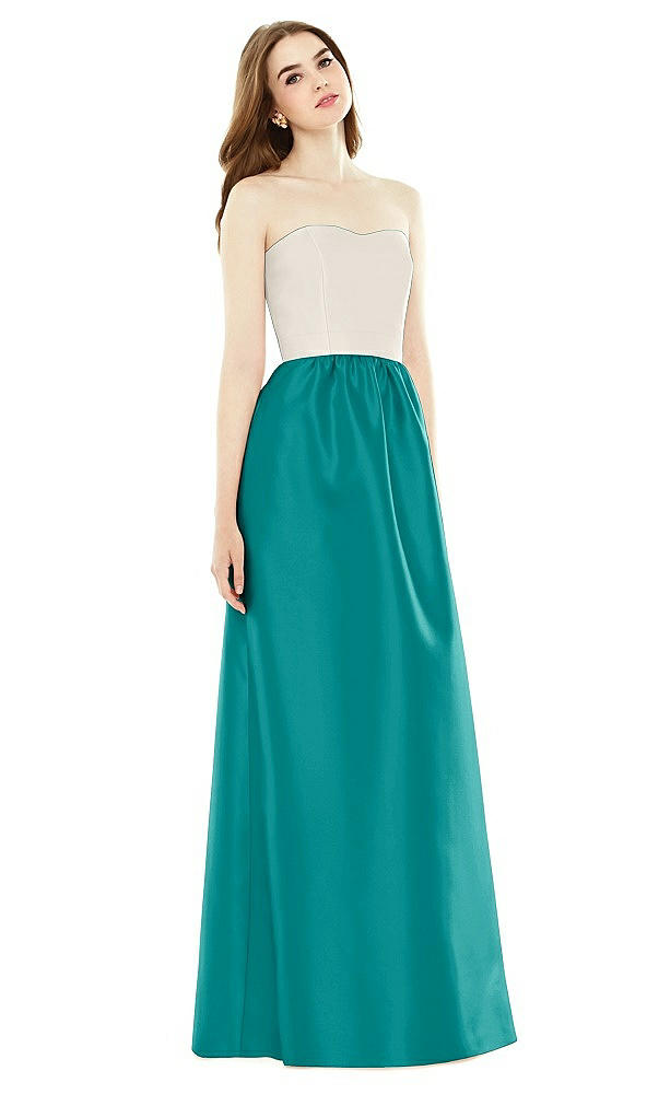 Front View - Jade & Ivory Full Length Strapless Satin Twill dress with Pockets