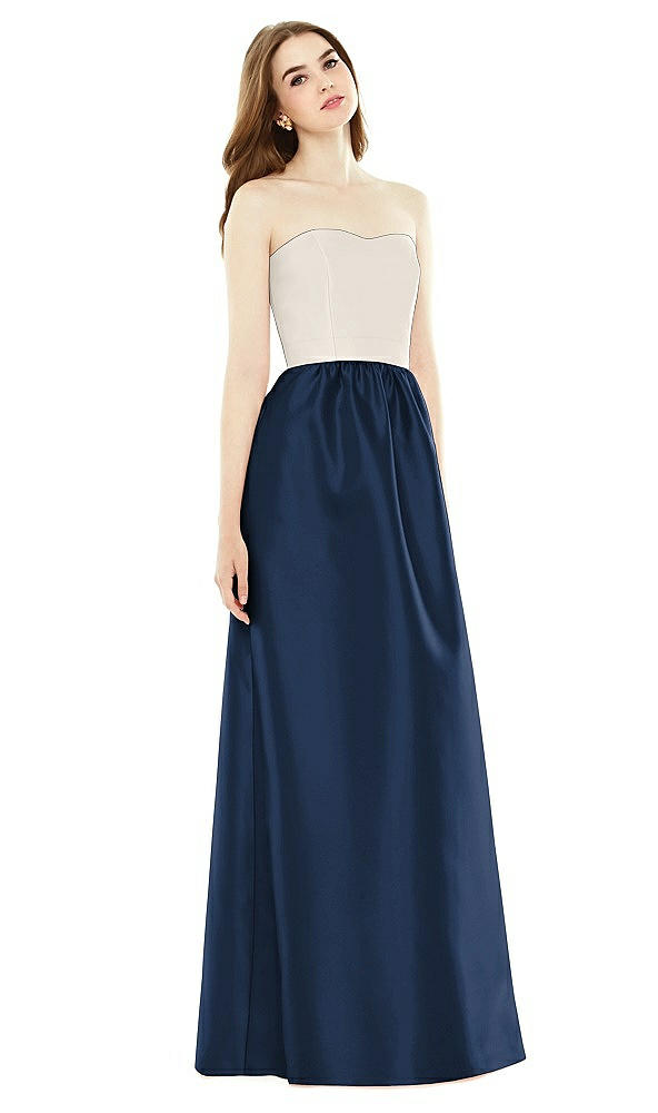 Front View - Midnight Navy & Ivory Full Length Strapless Satin Twill dress with Pockets